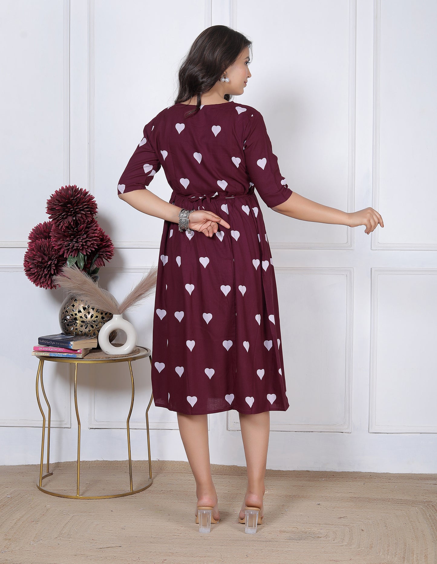 Women's Maroon Heart Print A-Line Midi Dress | Casual High-Waist Flared One-Piece Dress with 3/4 Sleeves