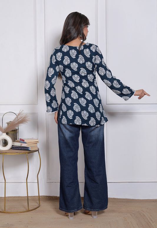 Blue Handblock Printed Long Sleeve Casual Wear Top For Women's | Women's Indigo Blue Jaipuri Floral Printed Cotton Kurti Top with Square Neck and Crochet Lace Details