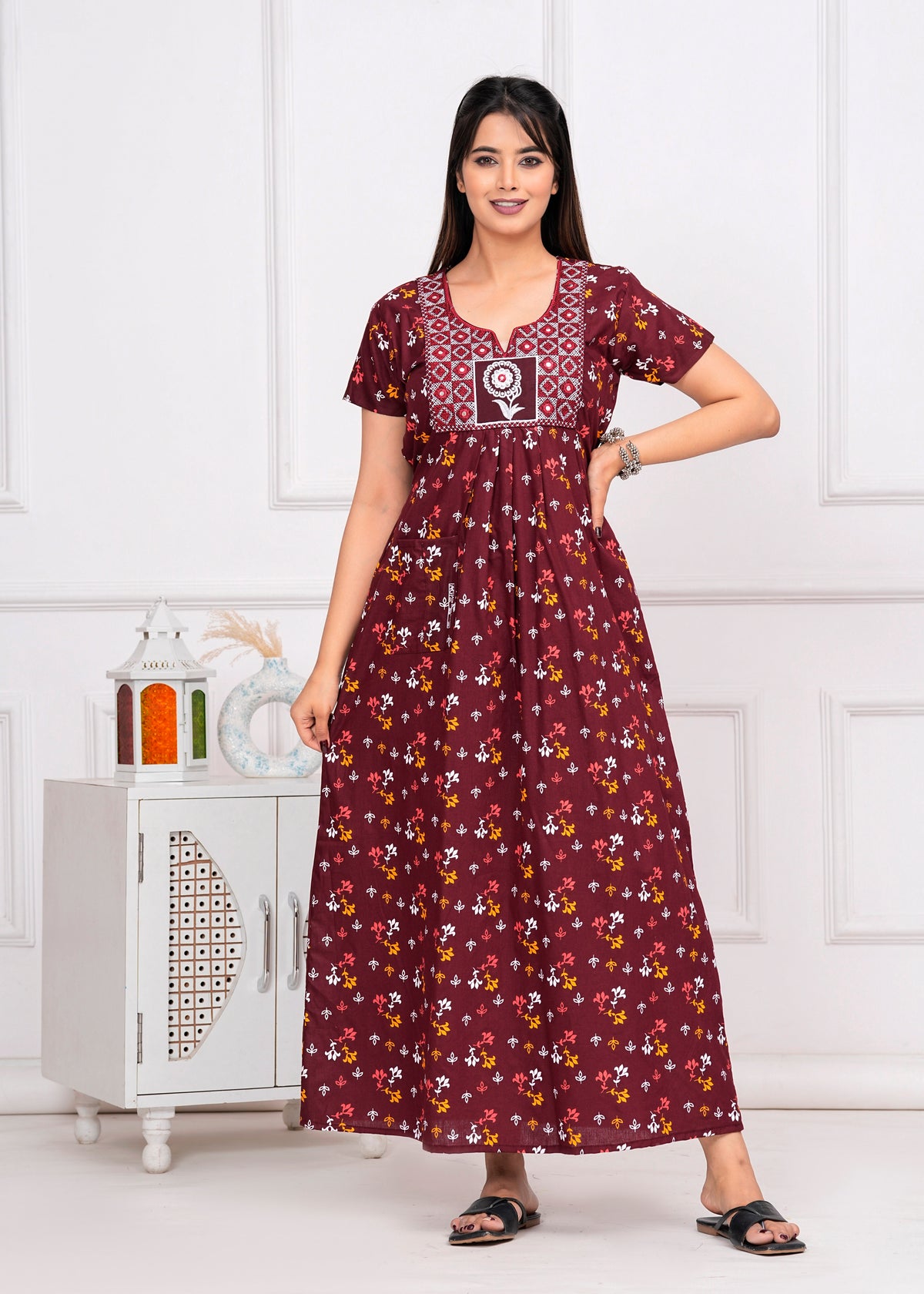 Parisa Maroon Embroidered Cotton Printed Nightdress