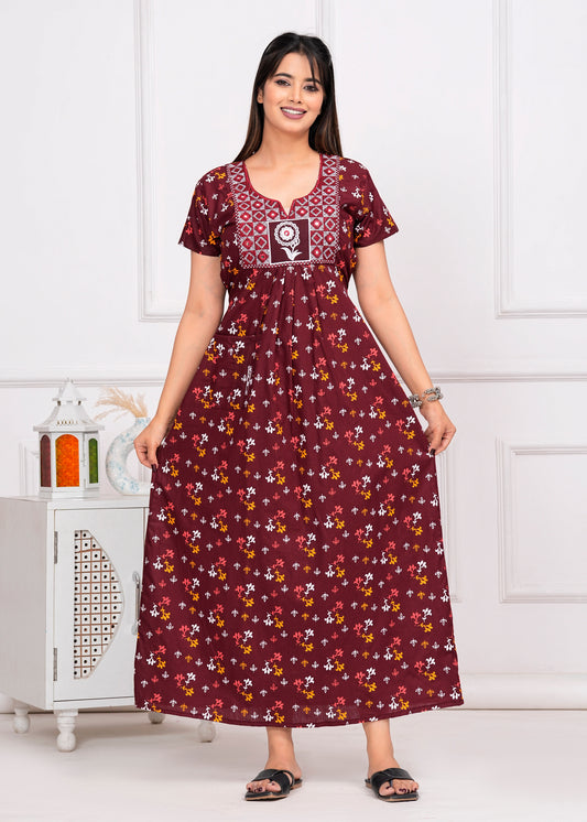Parisa Maroon Embroidered Cotton Printed Nightdress