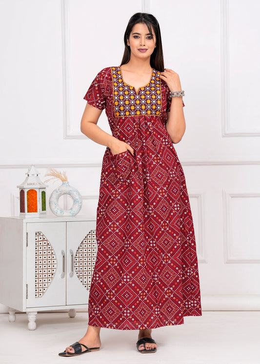 Giada Maroon Embroidered Cotton Printed Nightdress
