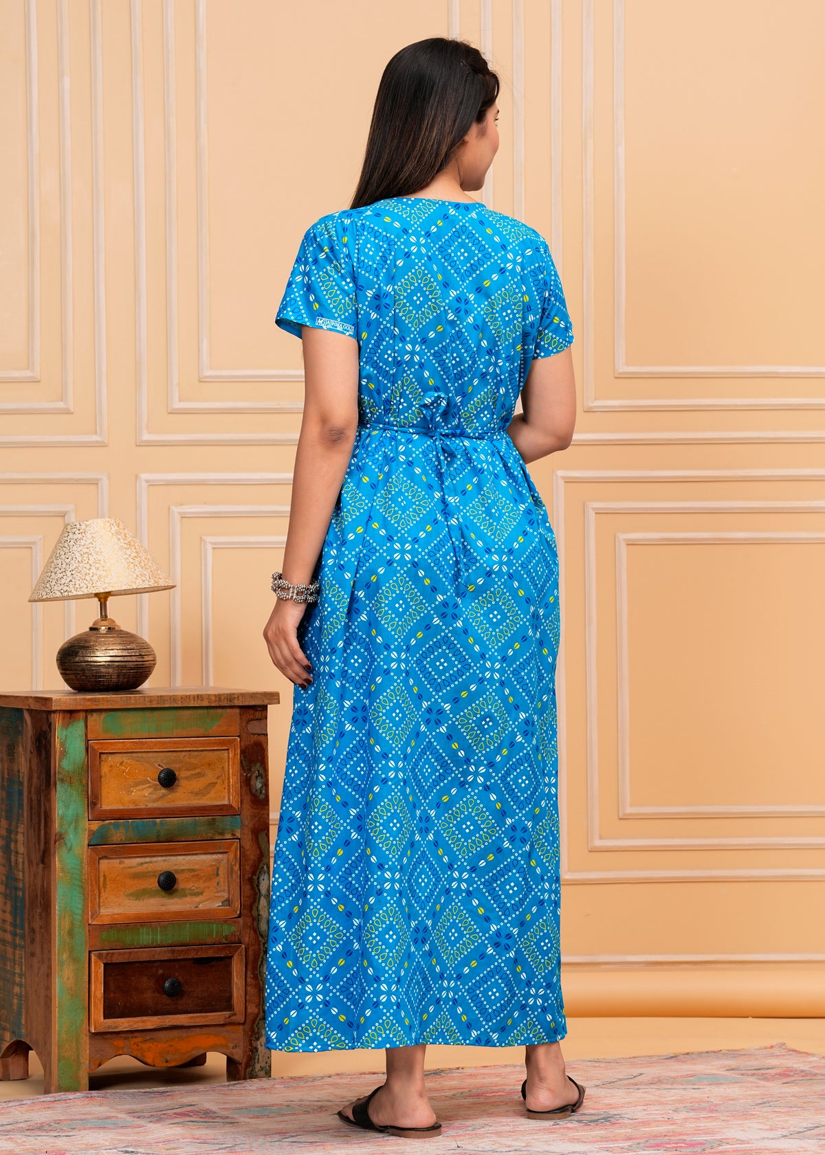 Noor Aqua Blue Embroidered Cotton Printed Nightdress
