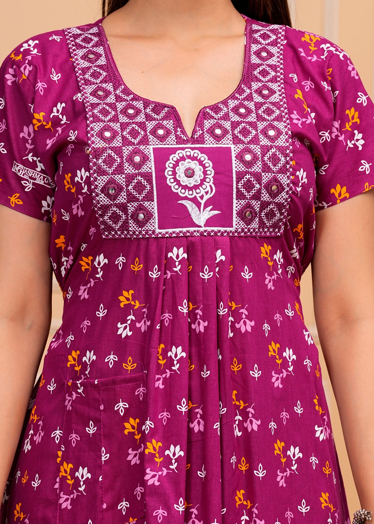 Guilia Purple Embroidered Cotton Printed Nightdress