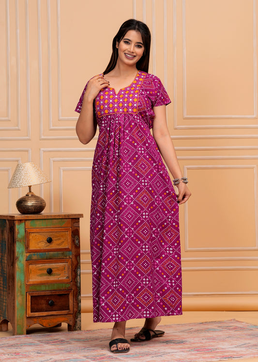 Celeste Purple Embroidered Cotton Printed Nightdress