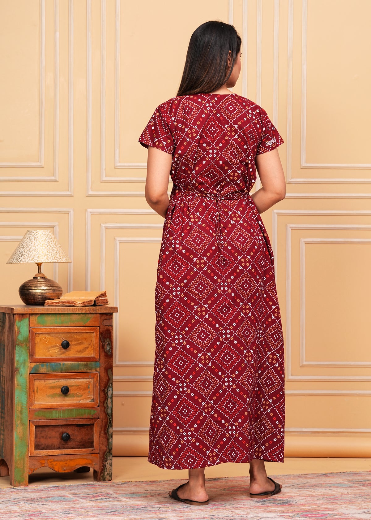 Élodie Maroon Embroidered Cotton Printed Nightdress