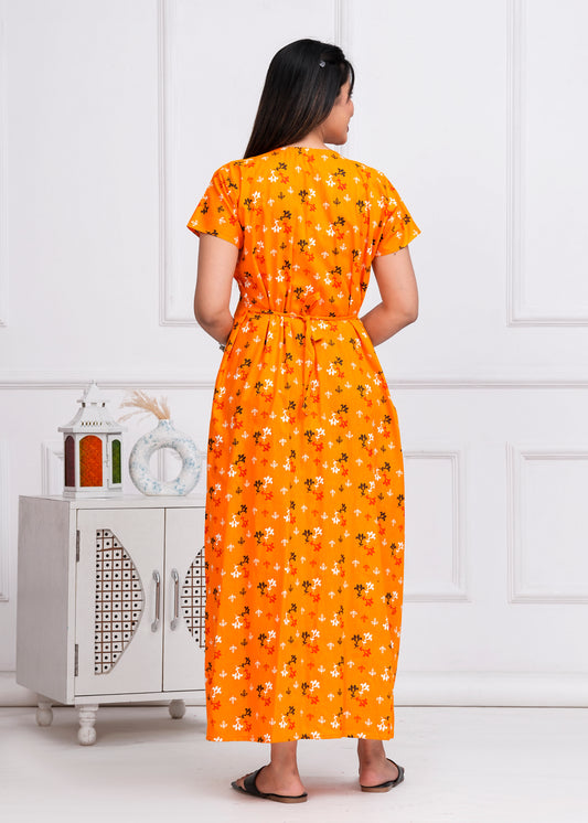 Duru Yellow Embroidered Cotton Printed Nightdress