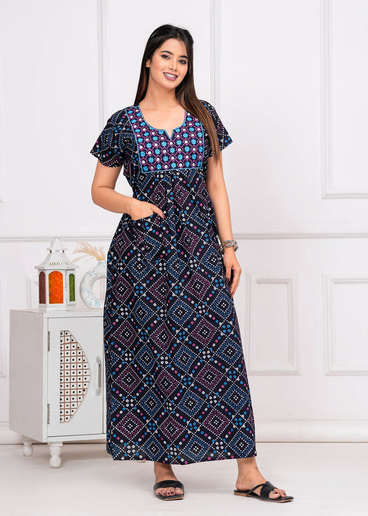 Serafina Blue Embroidered Cotton Printed Nightdress