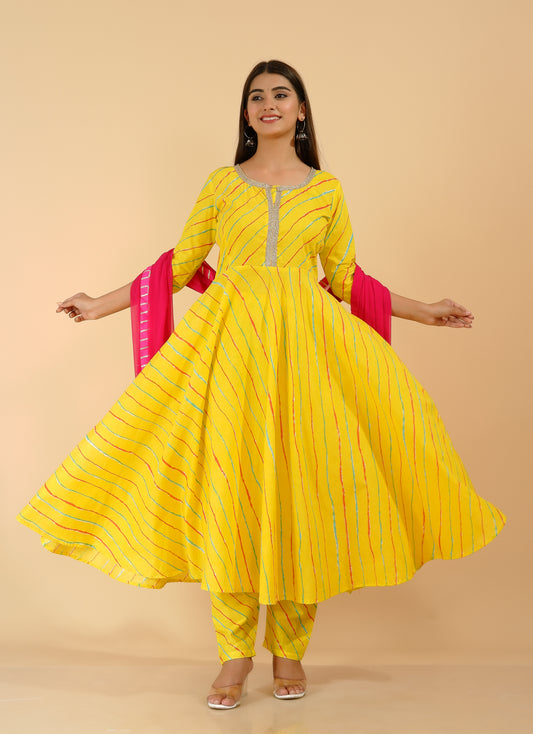 Yellow Leheriya Printed Anarkali Suit Set