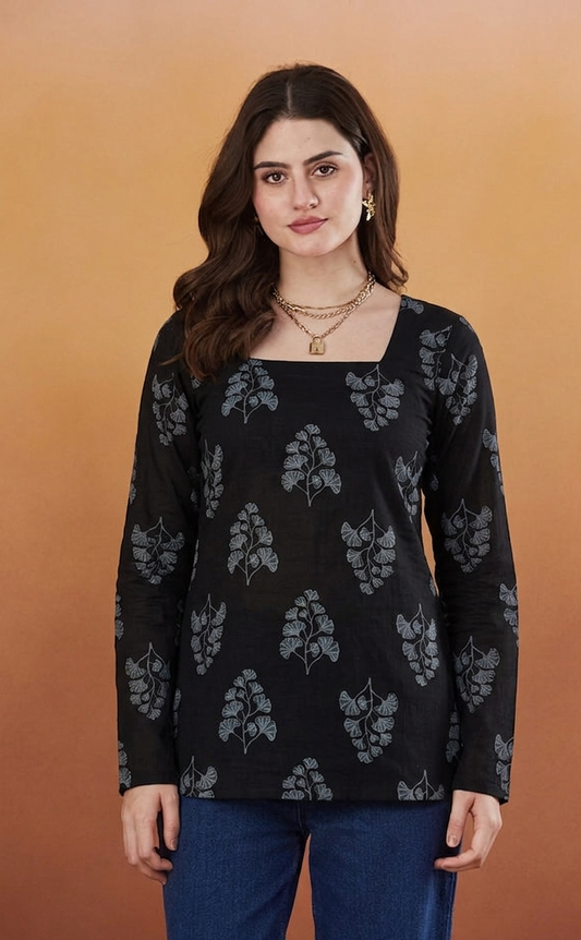 Rayon Floral Hanblock Boota Printed Black Short Kurti