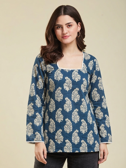 Rayon Floral Hanblock Boota Printed Blue Short Kurti