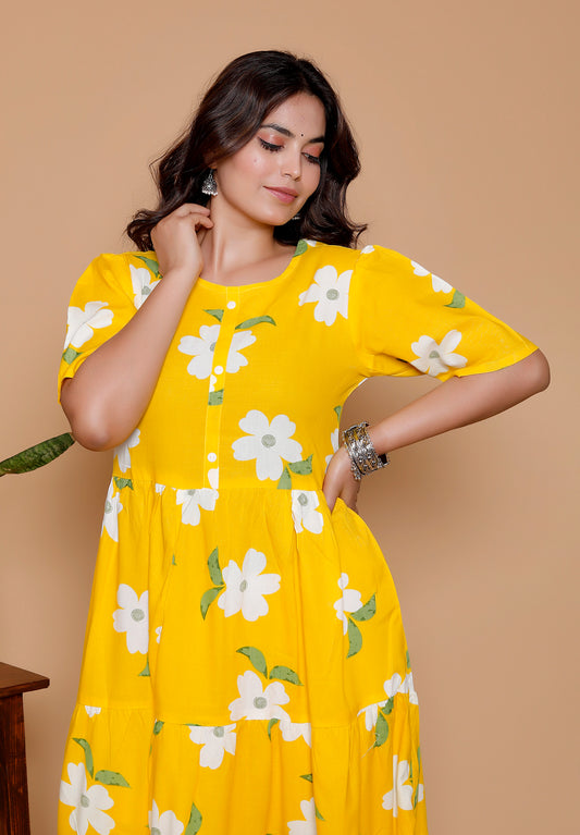 Noor Startup Women's Yellow Rayon Floral Print Tiered Midi Dress | Casual Summer Boho Dress with Short Sleeves & Round Neck | Women Yellow & White Floral Printed Rayon A-Line Tiered Dress | Summer Casual One-Piece Midi Dress