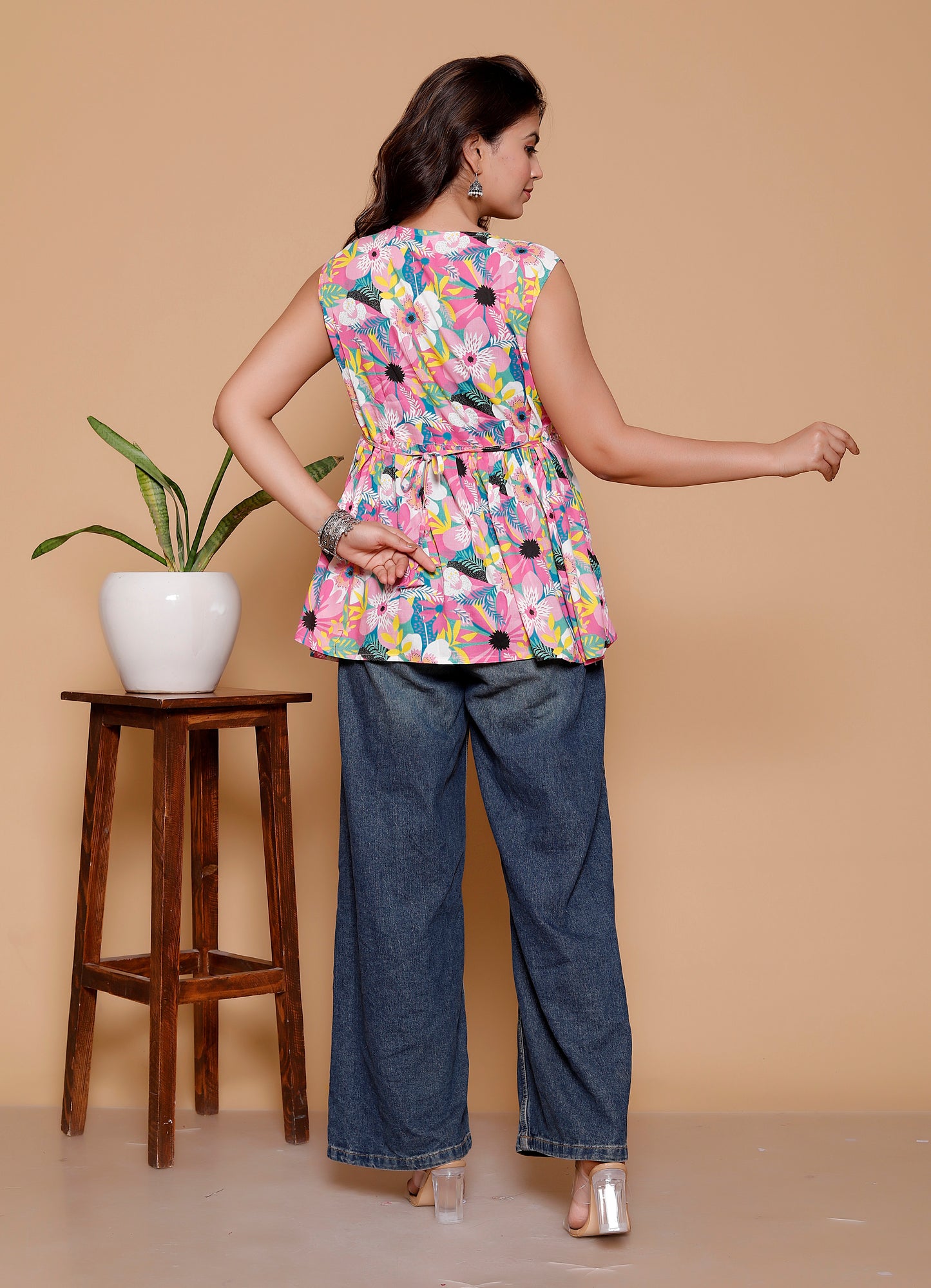 Women's Rayon Multicolor Floral Sleeveless V Neck Casual Top