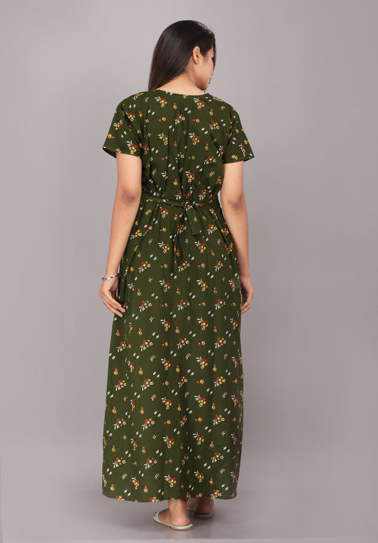Green Printed Embroidered Jaipuri Nightdress
