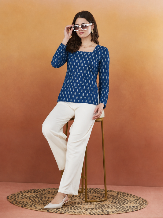 Alana Blue Rayon Designer Short Kurti