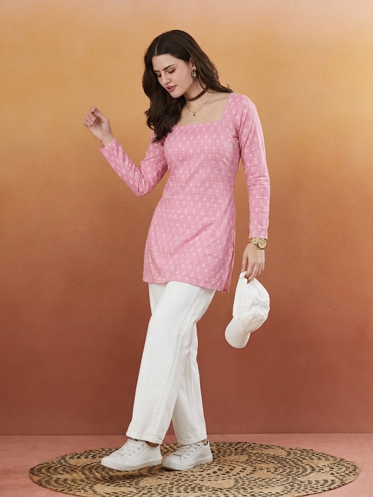 Afferti X Women's Printed Pink Designer Short Kurti