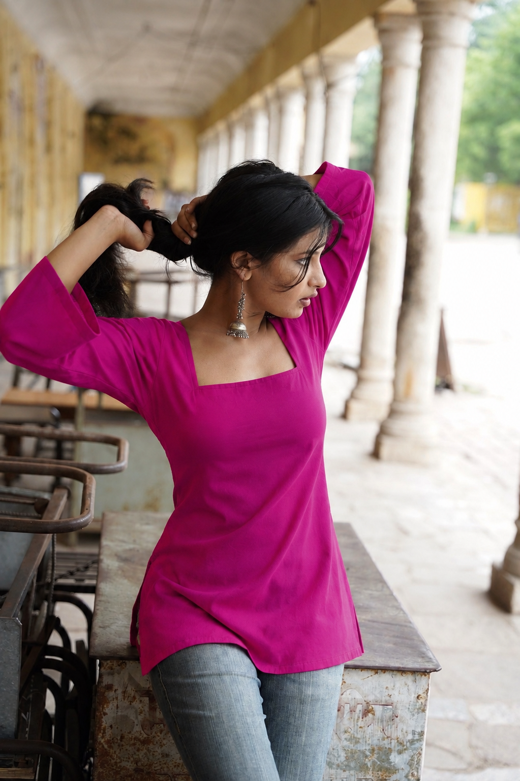 Noor X Women's Rayon Designer Trendy Squre Neck Pink Short Kurti