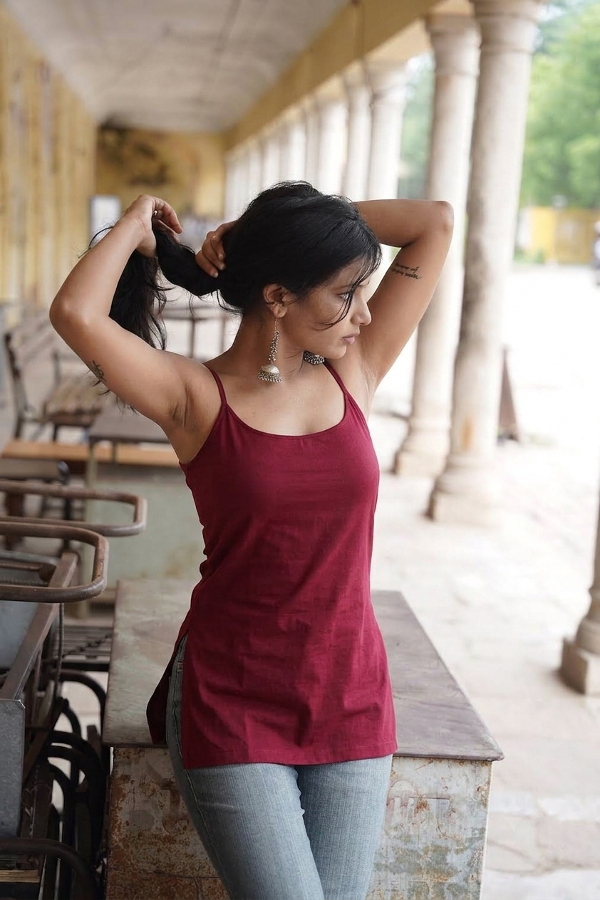 Women's Rayon Maroon Spaghetti Straps Camisole Sleeveless Short Kurti
