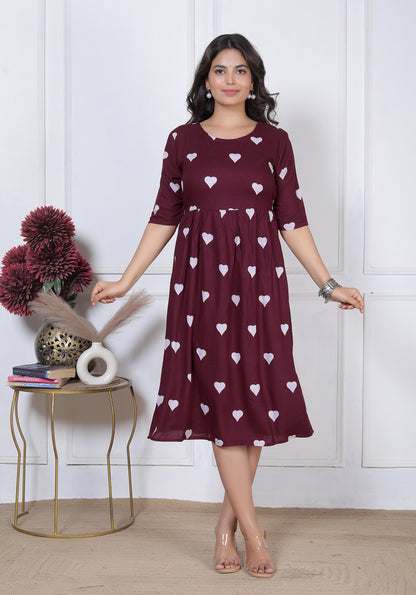 Women's Maroon Heart Print A-Line Midi Dress | Casual High-Waist Flared One-Piece Dress with 3/4 Sleeves
