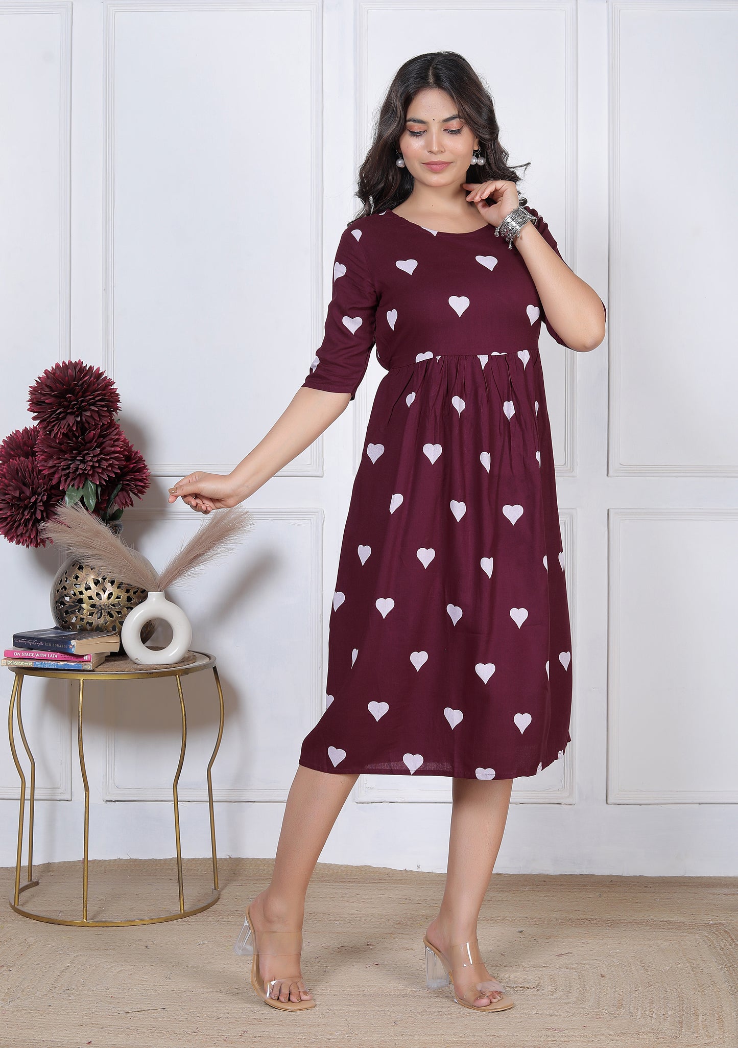 Women's Maroon Heart Print A-Line Midi Dress | Casual High-Waist Flared One-Piece Dress with 3/4 Sleeves