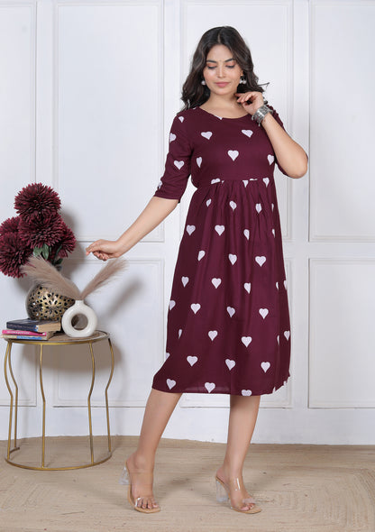 Women's Maroon Heart Print A-Line Midi Dress | Casual High-Waist Flared One-Piece Dress with 3/4 Sleeves