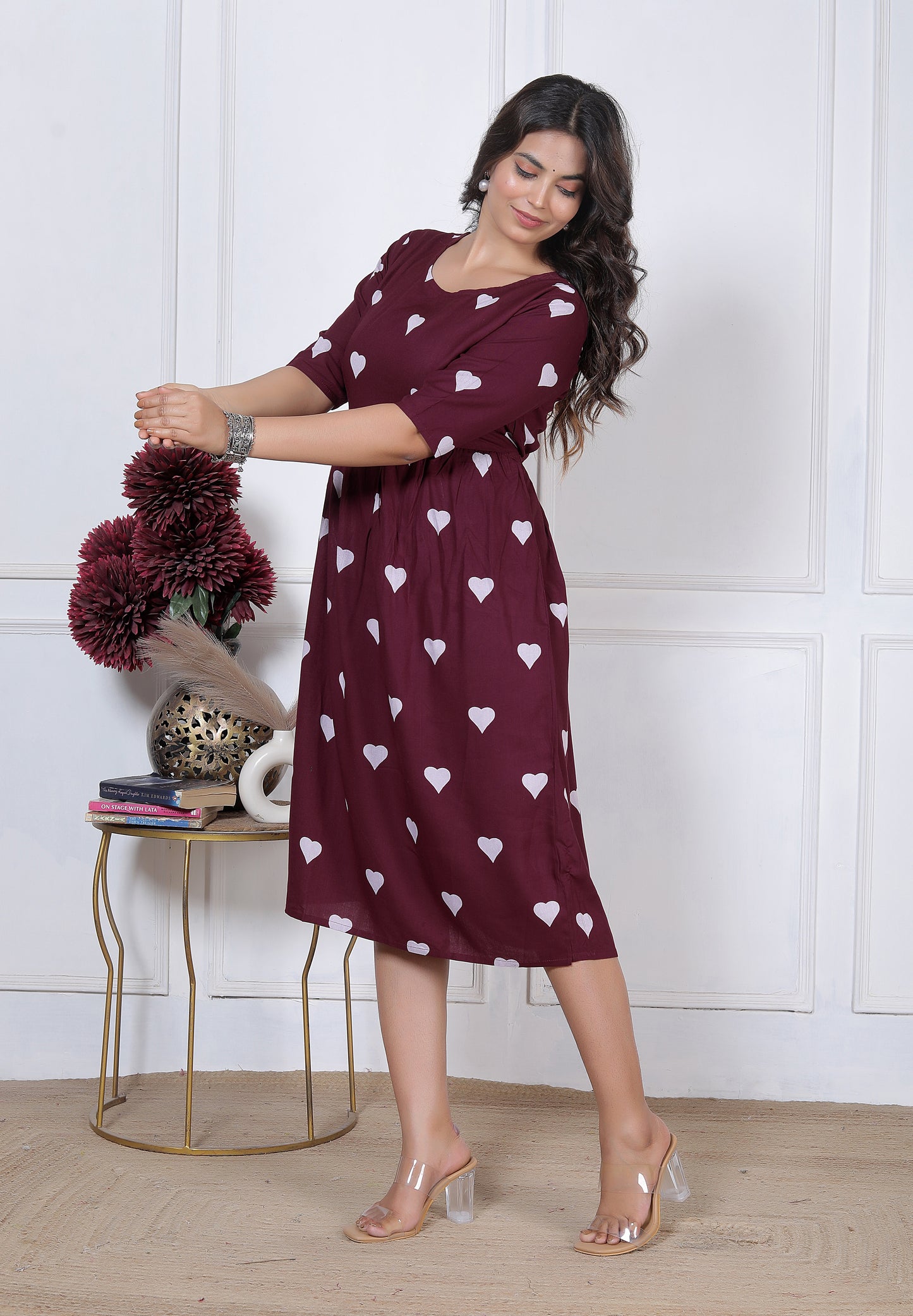 Women's Maroon Heart Print A-Line Midi Dress | Casual High-Waist Flared One-Piece Dress with 3/4 Sleeves