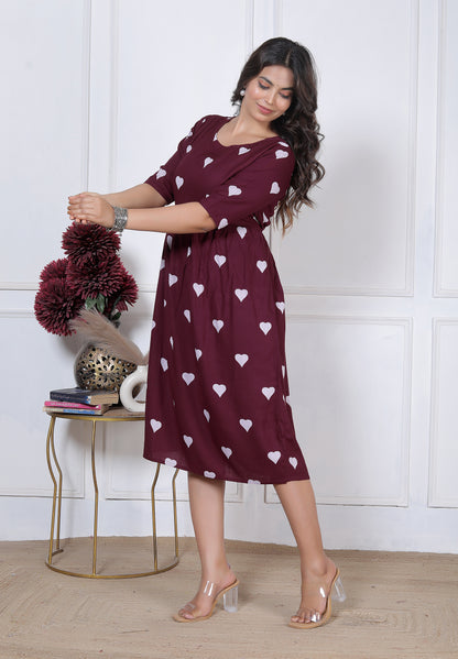 Women's Maroon Heart Print A-Line Midi Dress | Casual High-Waist Flared One-Piece Dress with 3/4 Sleeves
