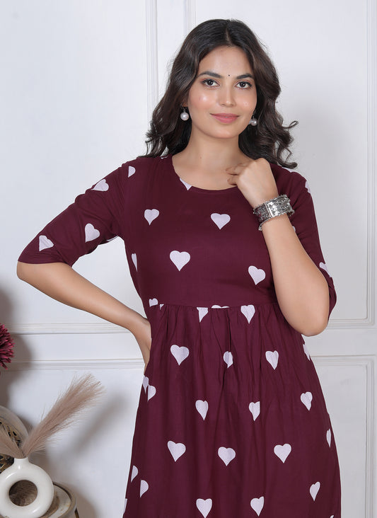 Women's Maroon Heart Print A-Line Midi Dress | Casual High-Waist Flared One-Piece Dress with 3/4 Sleeves