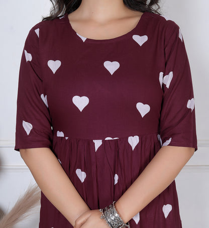 Women's Maroon Heart Print A-Line Midi Dress | Casual High-Waist Flared One-Piece Dress with 3/4 Sleeves