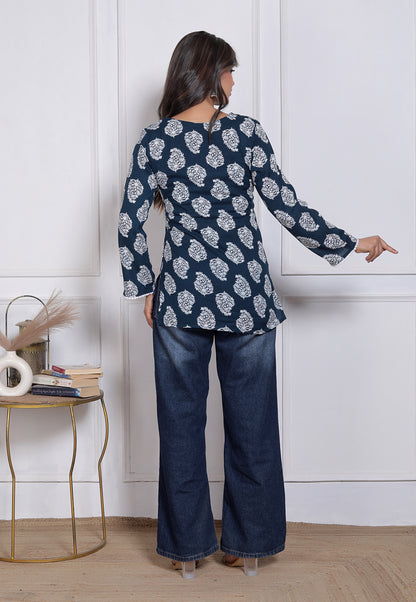 Blue Handblock Printed Long Sleeve Casual Wear Top For Women's | Women's Indigo Blue Jaipuri Floral Printed Cotton Kurti Top with Square Neck and Crochet Lace Details