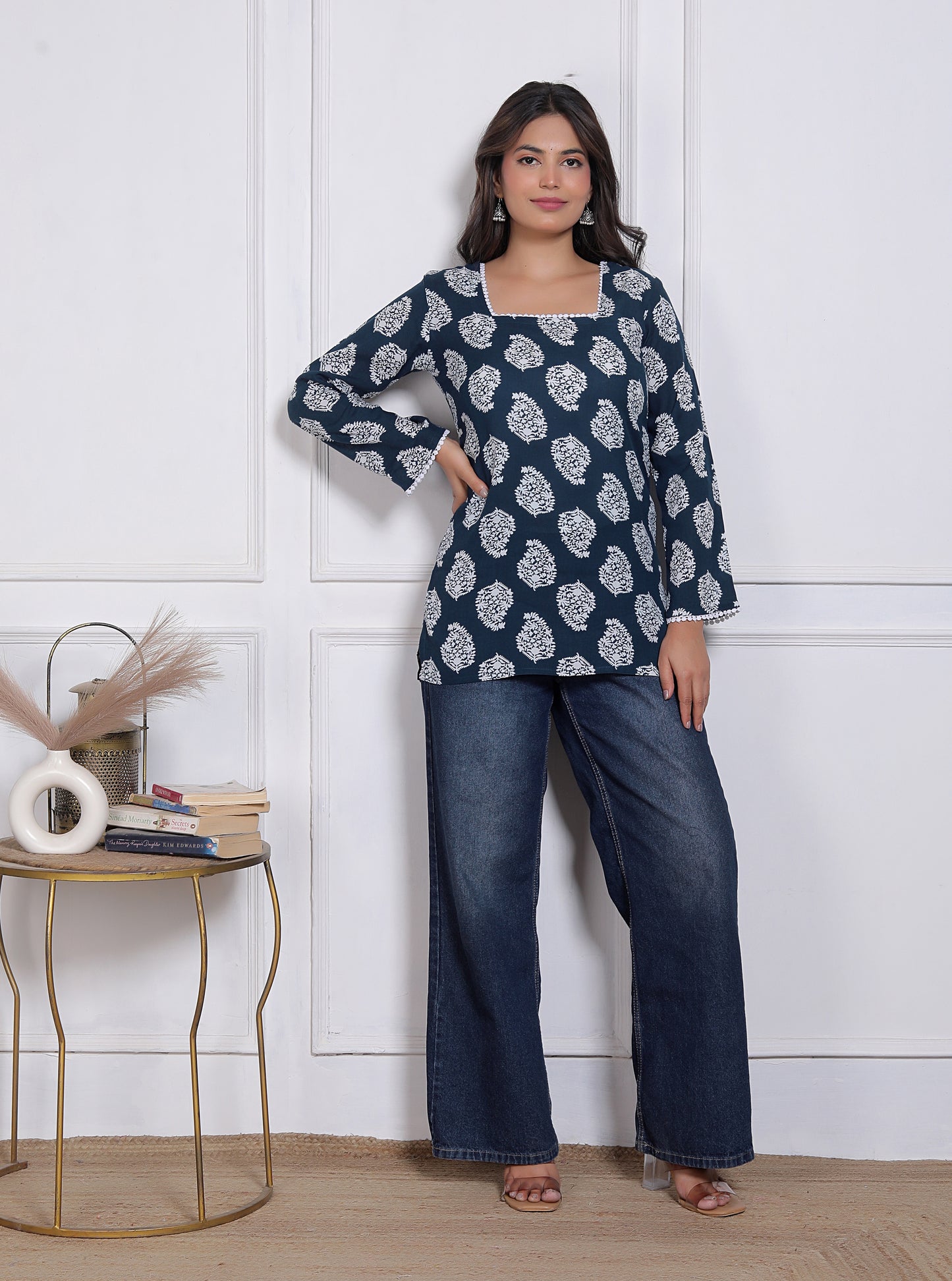 Blue Handblock Printed Long Sleeve Casual Wear Top For Women's | Women's Indigo Blue Jaipuri Floral Printed Cotton Kurti Top with Square Neck and Crochet Lace Details