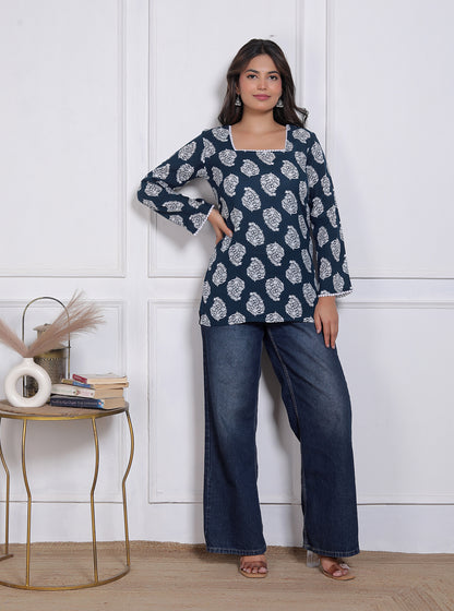 Blue Handblock Printed Long Sleeve Casual Wear Top For Women's | Women's Indigo Blue Jaipuri Floral Printed Cotton Kurti Top with Square Neck and Crochet Lace Details