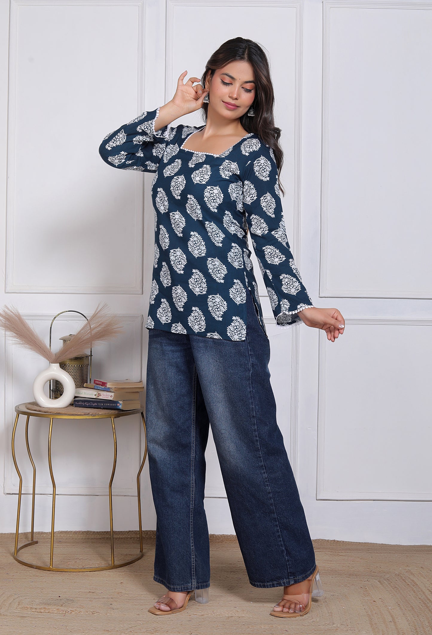 Blue Handblock Printed Long Sleeve Casual Wear Top For Women's | Women's Indigo Blue Jaipuri Floral Printed Cotton Kurti Top with Square Neck and Crochet Lace Details