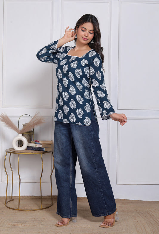 Blue Handblock Printed Long Sleeve Casual Wear Top For Women's | Women's Indigo Blue Jaipuri Floral Printed Cotton Kurti Top with Square Neck and Crochet Lace Details