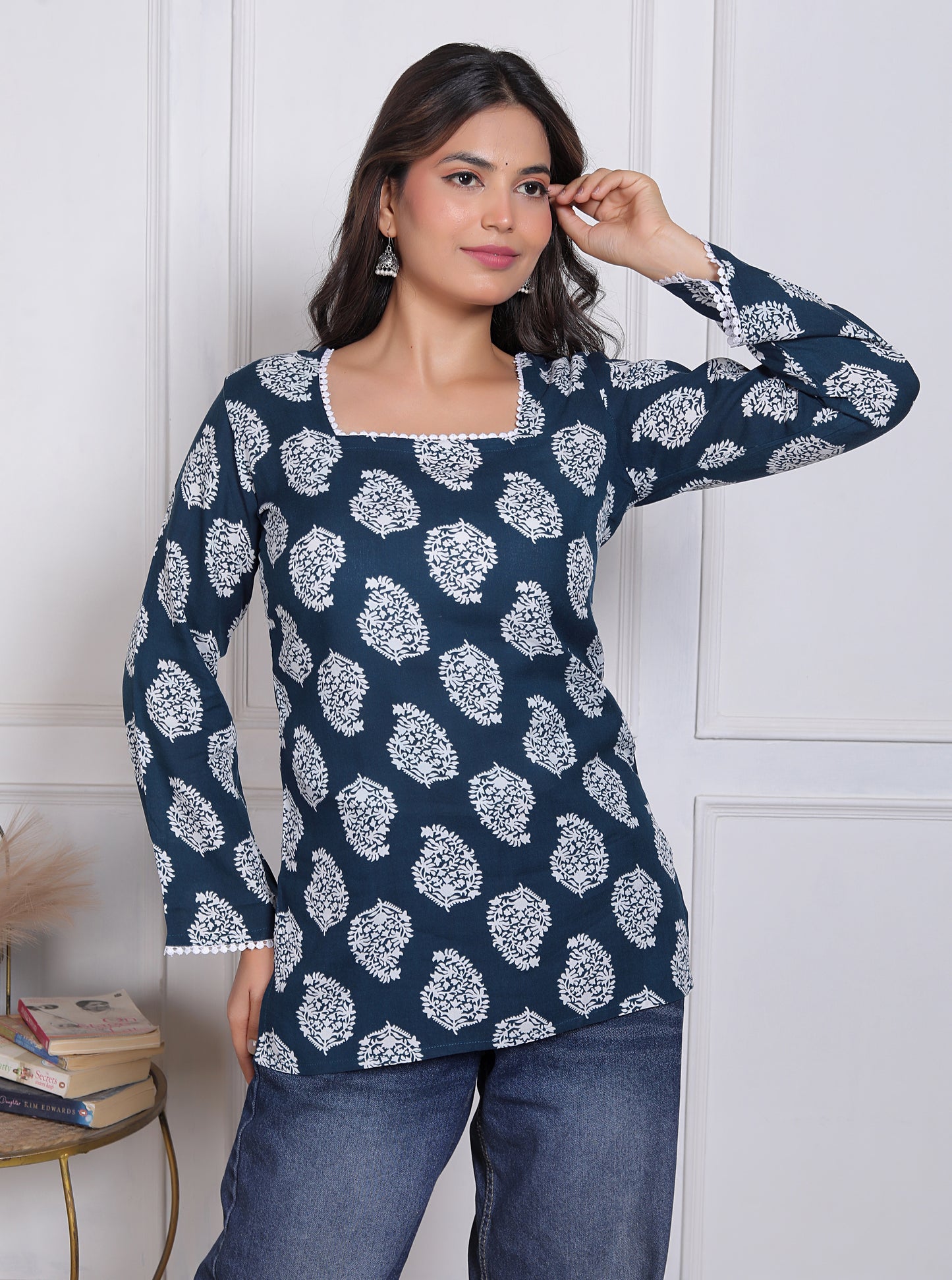 Blue Handblock Printed Long Sleeve Casual Wear Top For Women's | Women's Indigo Blue Jaipuri Floral Printed Cotton Kurti Top with Square Neck and Crochet Lace Details