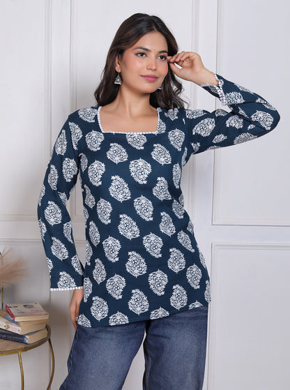 Blue Handblock Printed Long Sleeve Casual Wear Top For Women's | Women's Indigo Blue Jaipuri Floral Printed Cotton Kurti Top with Square Neck and Crochet Lace Details