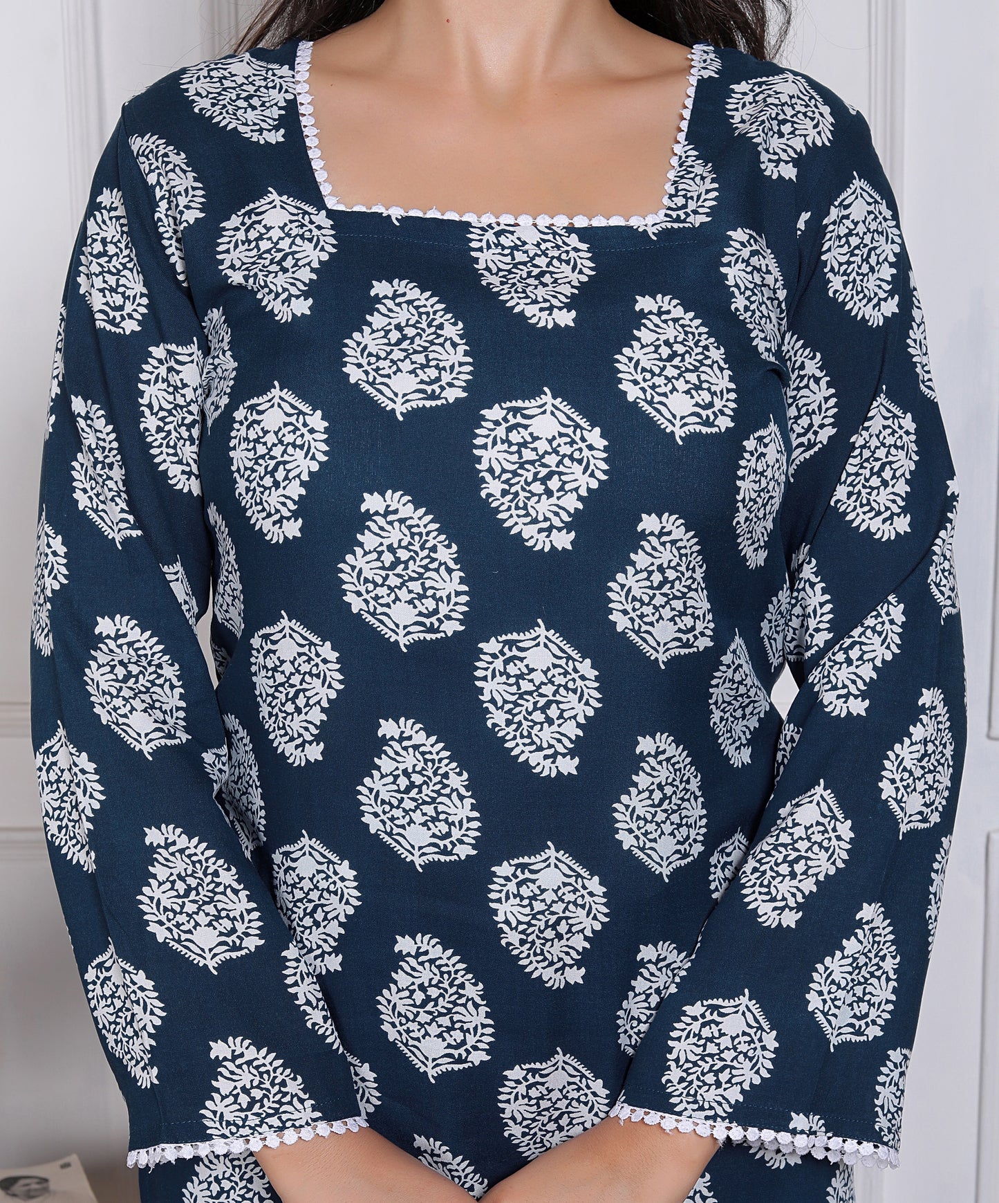 Blue Handblock Printed Long Sleeve Casual Wear Top For Women's | Women's Indigo Blue Jaipuri Floral Printed Cotton Kurti Top with Square Neck and Crochet Lace Details