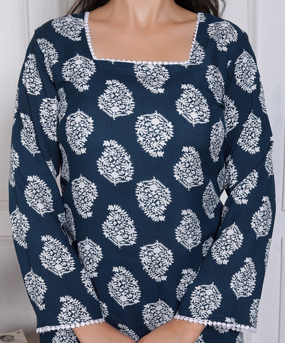 Blue Handblock Printed Long Sleeve Casual Wear Top For Women's | Women's Indigo Blue Jaipuri Floral Printed Cotton Kurti Top with Square Neck and Crochet Lace Details