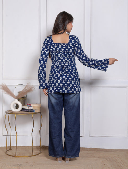 Noor Startup Women Indigo Blue Cotton Floral Printed Tunics Top | Square Neck Bell Sleeves Casual Kurtis for Women & Girls | Traditional Rajasthani Jaipuri Print Short Kurti