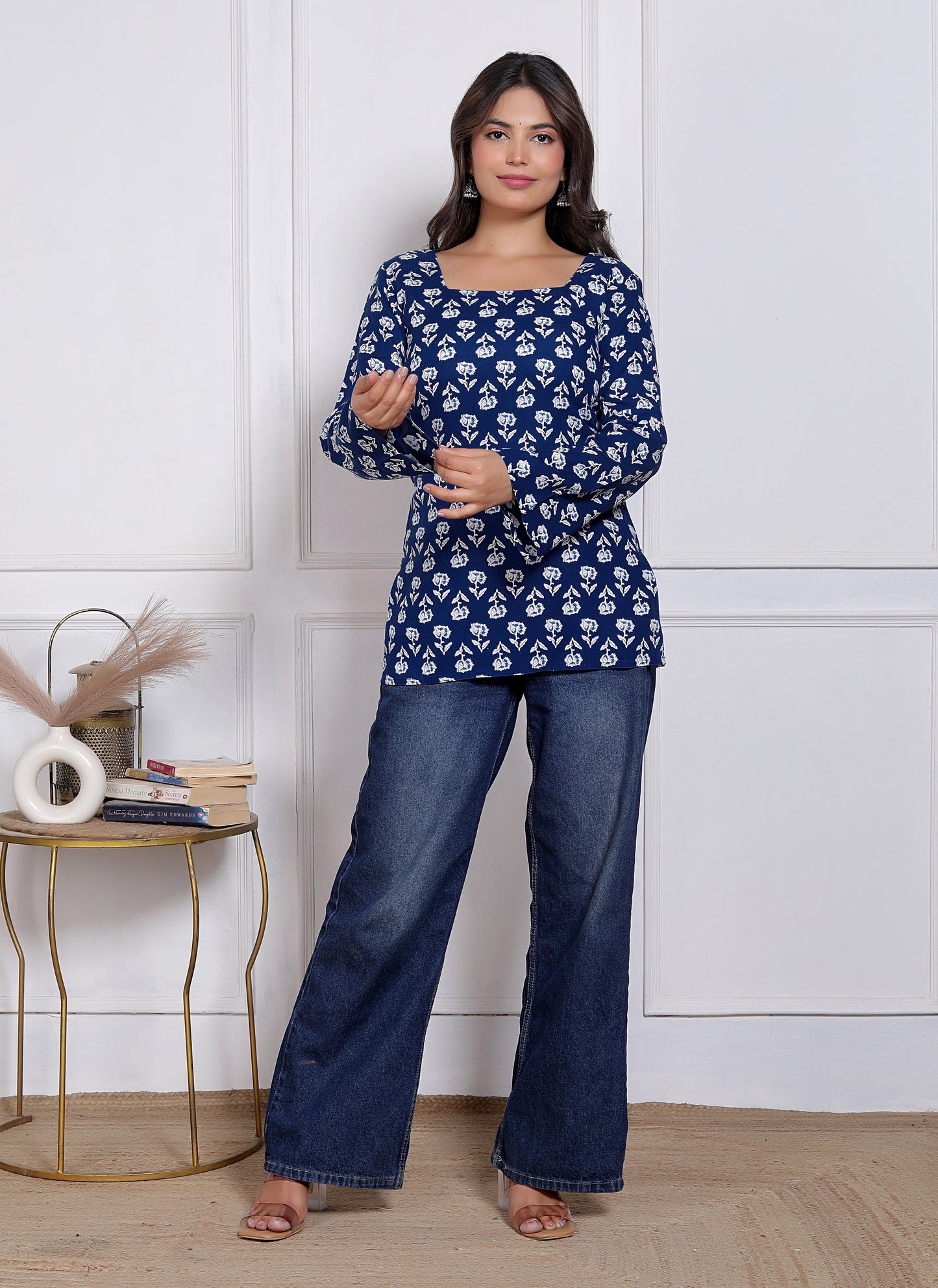 Noor Startup Women Indigo Blue Cotton Floral Printed Tunics Top | Square Neck Bell Sleeves Casual Kurtis for Women & Girls | Traditional Rajasthani Jaipuri Print Short Kurti