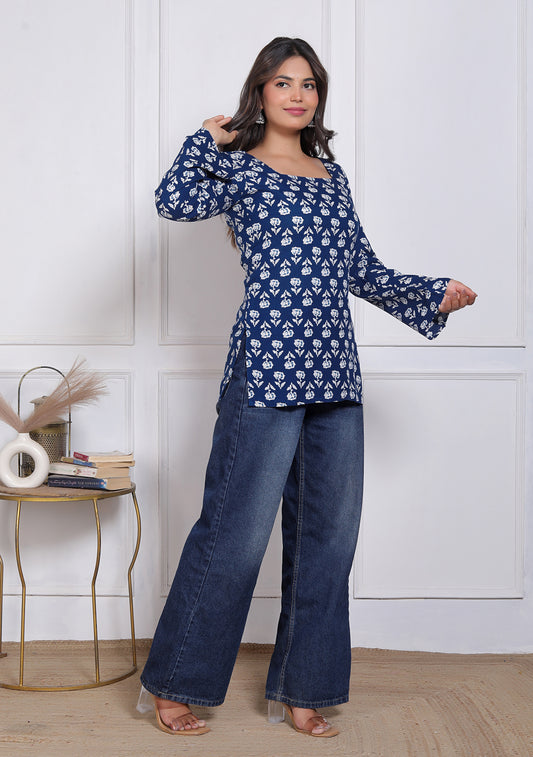 Noor Startup Women Indigo Blue Cotton Floral Printed Tunics Top | Square Neck Bell Sleeves Casual Kurtis for Women & Girls | Traditional Rajasthani Jaipuri Print Short Kurti