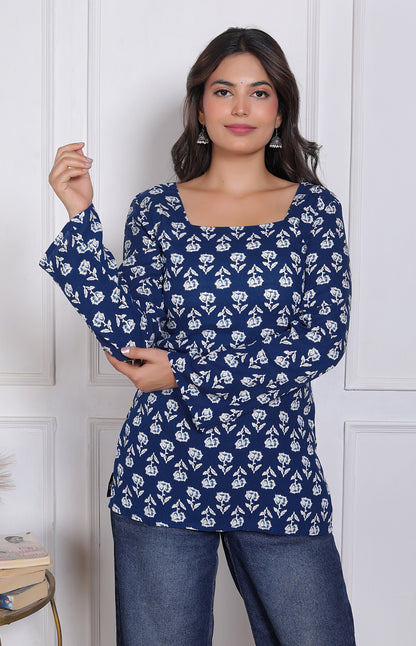 Noor Startup Women Indigo Blue Cotton Floral Printed Tunics Top | Square Neck Bell Sleeves Casual Kurtis for Women & Girls | Traditional Rajasthani Jaipuri Print Short Kurti
