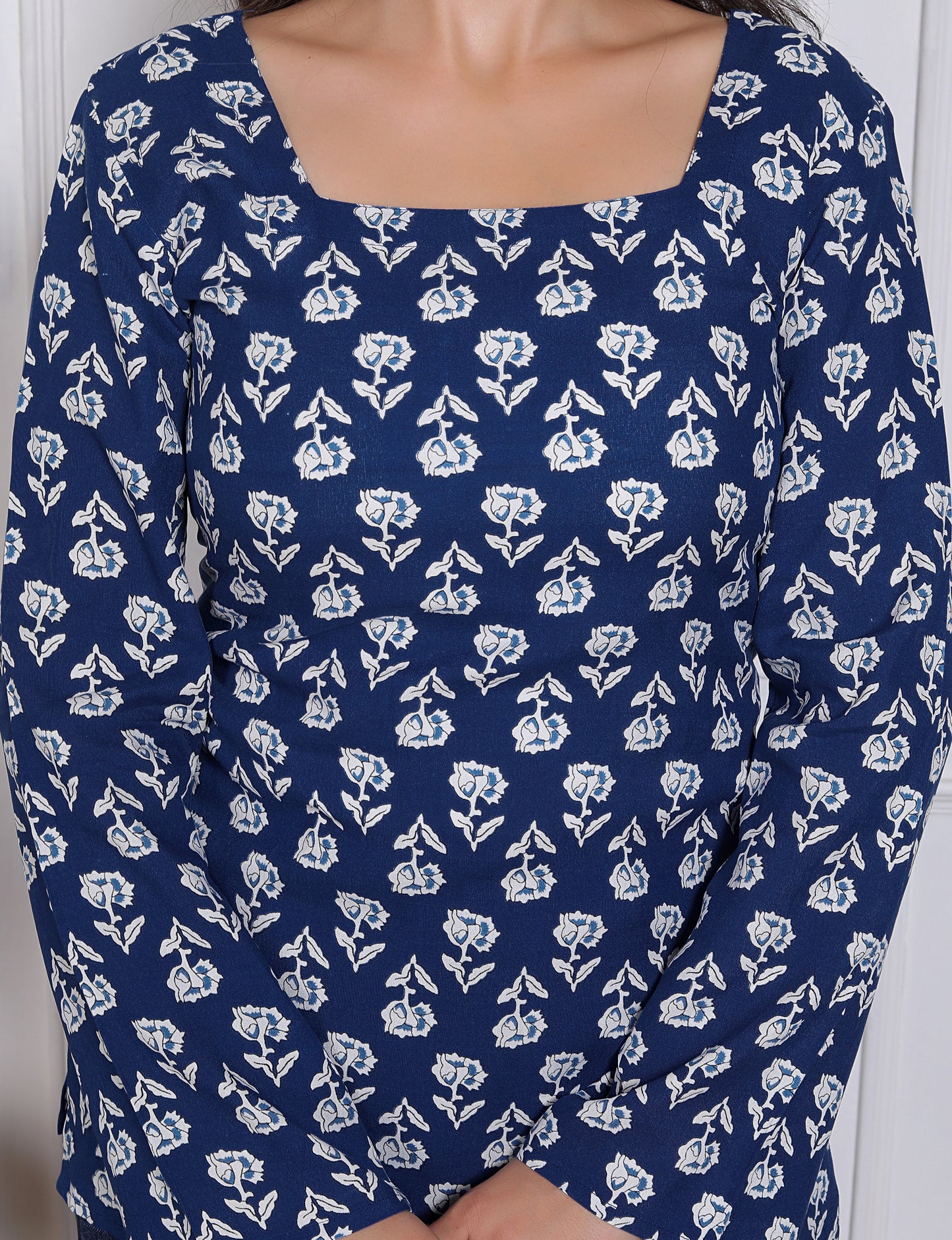 Noor Startup Women Indigo Blue Cotton Floral Printed Tunics Top | Square Neck Bell Sleeves Casual Kurtis for Women & Girls | Traditional Rajasthani Jaipuri Print Short Kurti