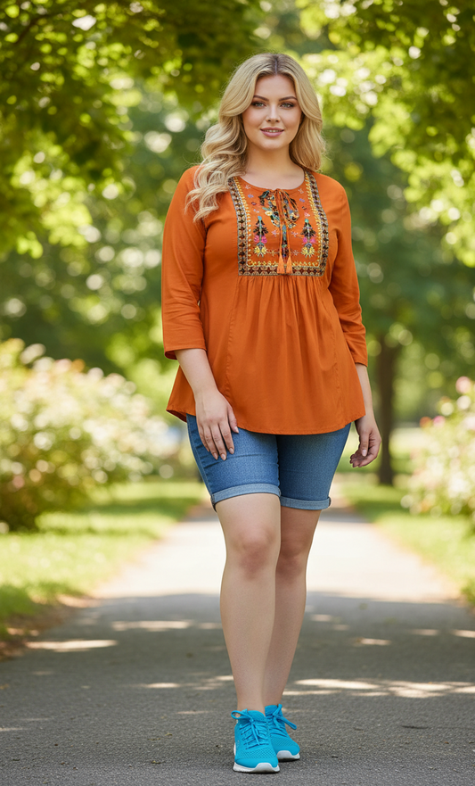 Women's Rayon Embroidered Orange Top
