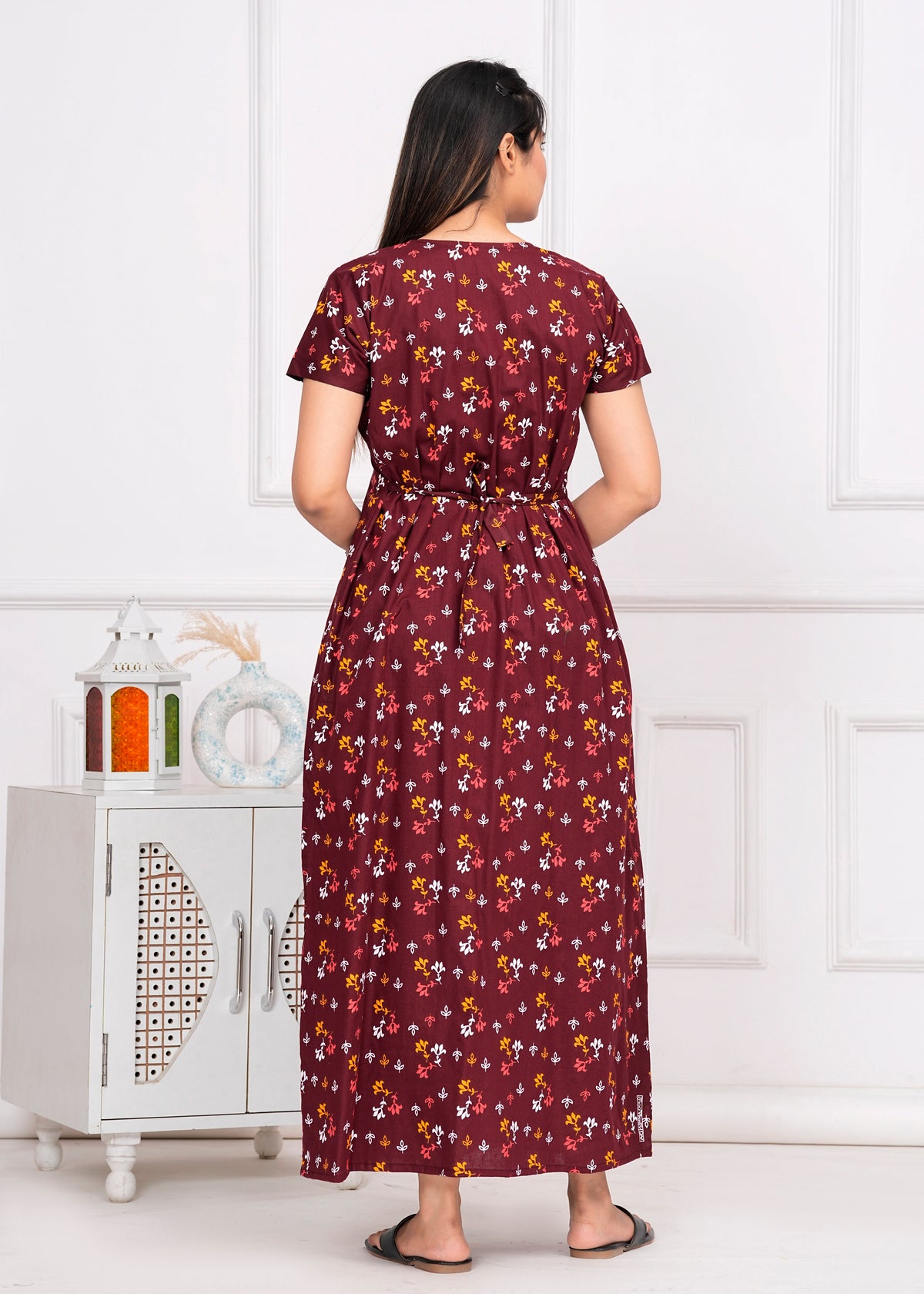 Parisa Maroon Embroidered Cotton Printed Nightdress