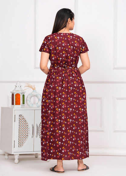 Parisa Maroon Embroidered Cotton Printed Nightdress