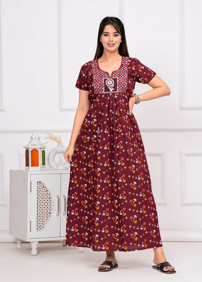 Parisa Maroon Embroidered Cotton Printed Nightdress