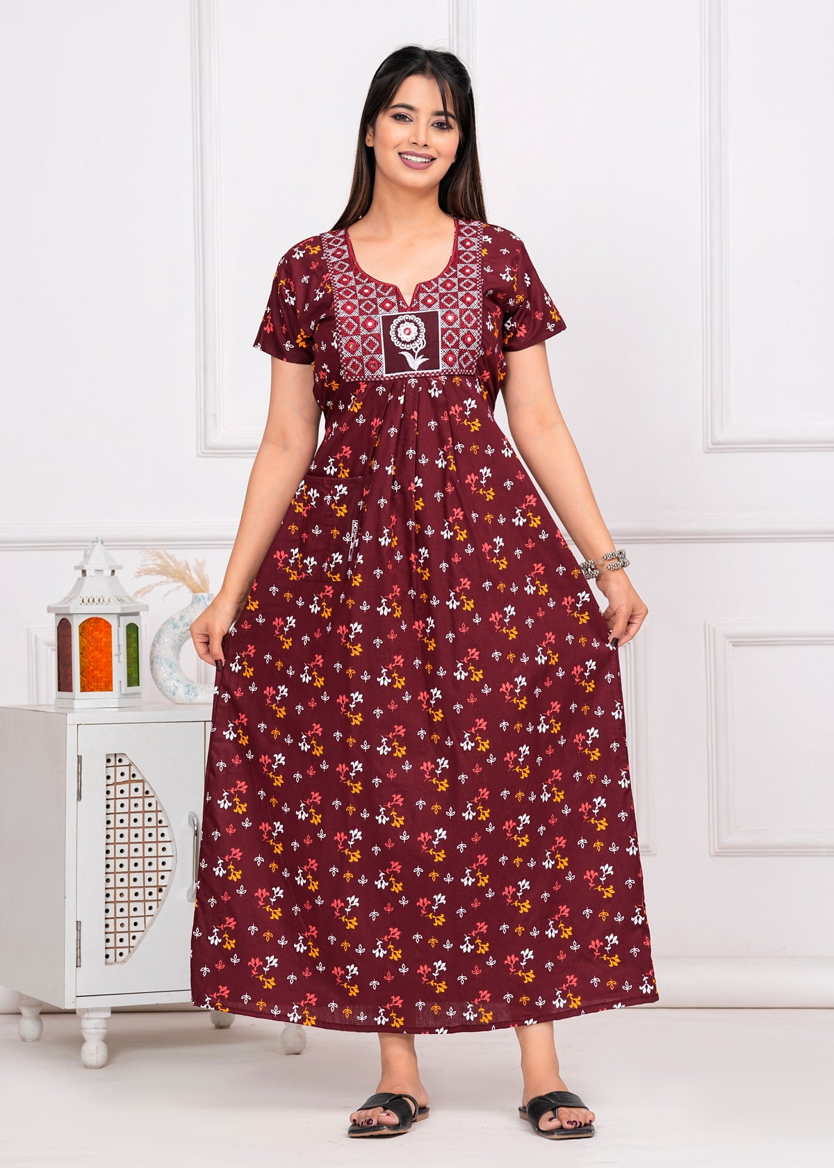 Parisa Maroon Embroidered Cotton Printed Nightdress