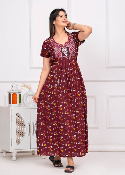 Parisa Maroon Embroidered Cotton Printed Nightdress