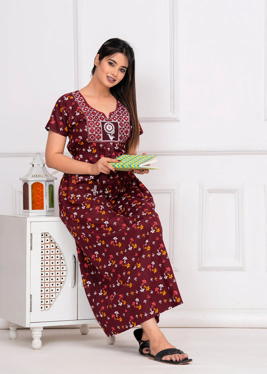 Parisa Maroon Embroidered Cotton Printed Nightdress