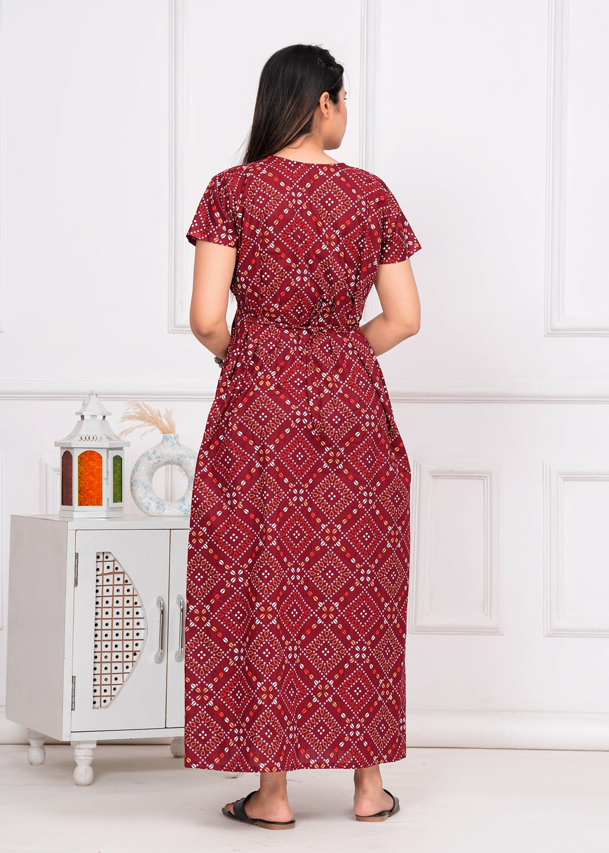 Giada Maroon Embroidered Cotton Printed Nightdress
